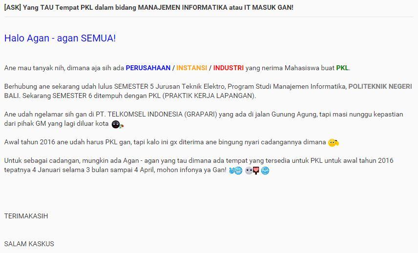 &#91;WTA&#93; INFO Tempat PKL bidang MANAJEMEN INFORMATIKA atau IT Gan!