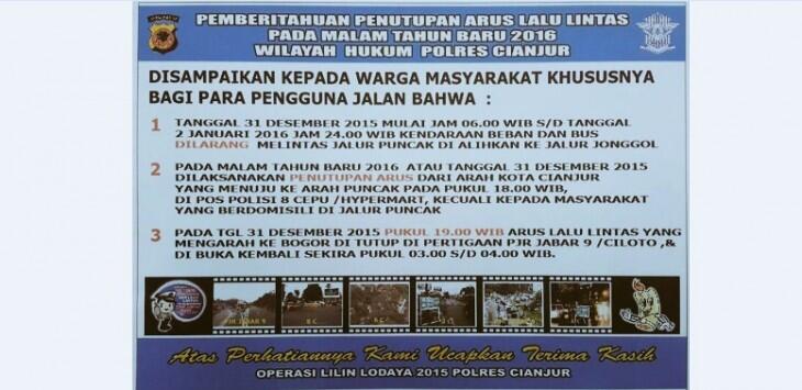 Sambut Tahun Baru, Jalur Puncak Ditutup Mulai Jam 19.00 Wib