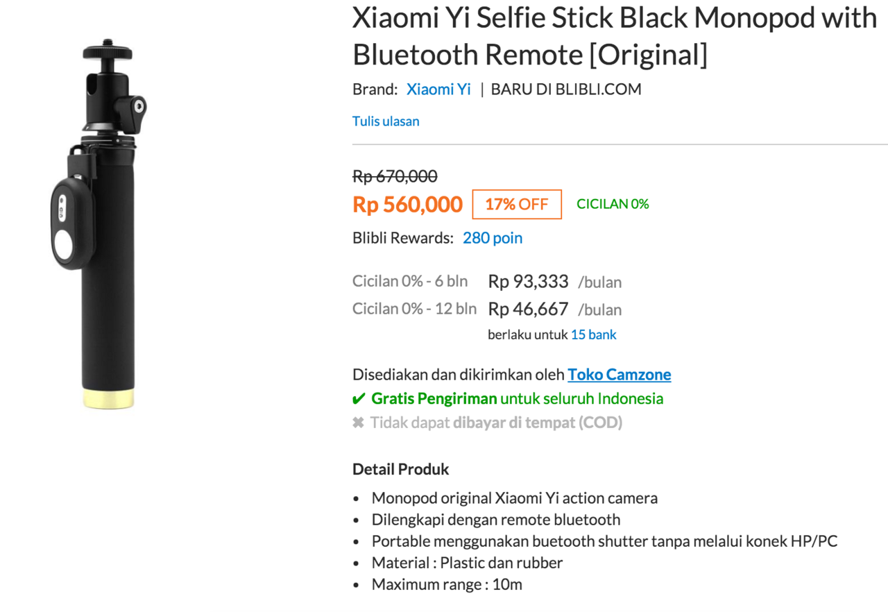 Xiaomi Yi Selfie Stick Black Monopod
