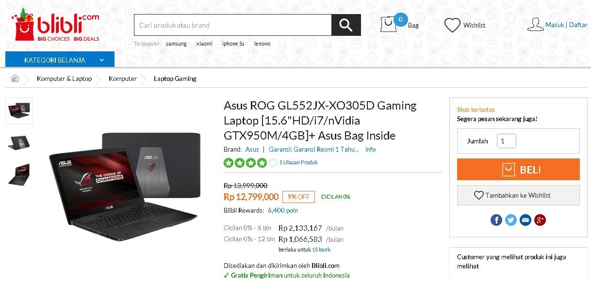 ASUS ROG GL552JX-XO305D : Dapatkan Gaming Laptop Keren Dengan Harga Terjangkau Disini