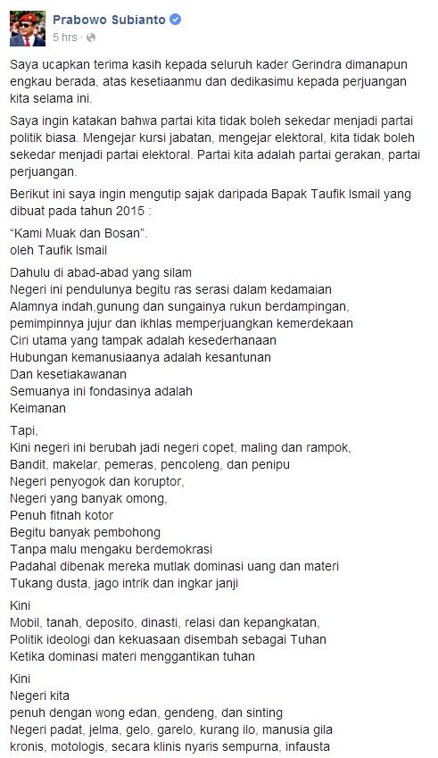 Prabowo: Kita Harus Memilih, Hidup Sebagai Ksatria atau Hidup Sebagai Kurawa