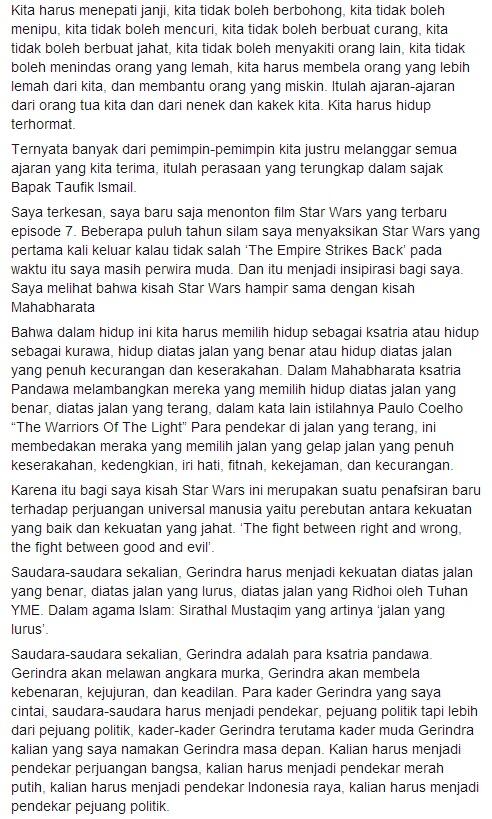 Prabowo: Kita Harus Memilih, Hidup Sebagai Ksatria atau Hidup Sebagai Kurawa