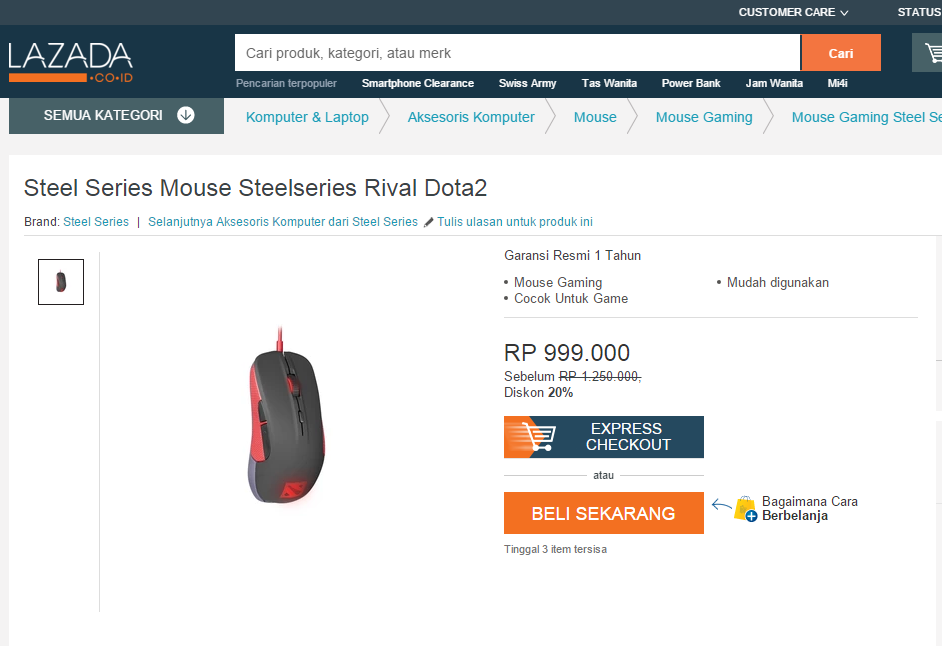 Steelseries Rival Mouse Gaming Dota 2: Recommended Mouse Gaming Rp. 850k 