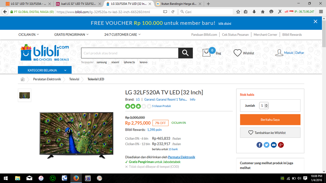 LG 32&quot; LED TV 32LF520A : Lapak Paling Murah! Cuma 2,6 Juta