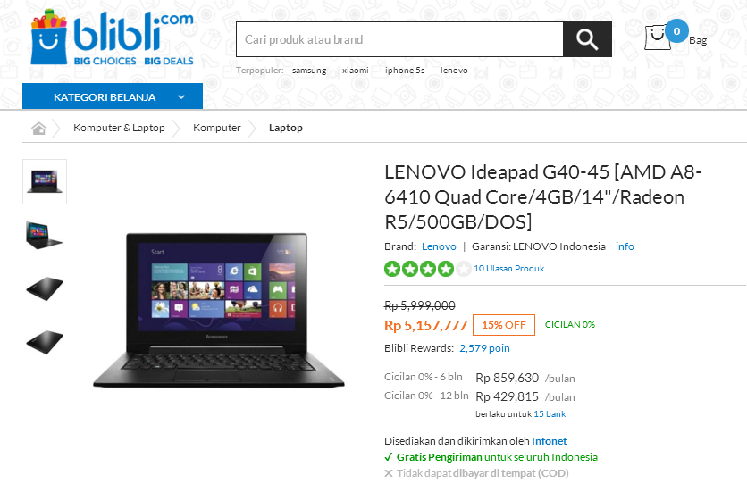 Lenovo IdeaPad G40-45-SID Laptop Gaming Murah Harga dari Toko Online Terbesar!