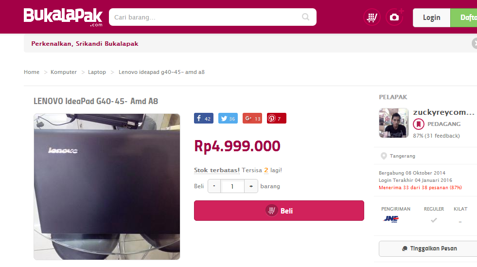 Lenovo IdeaPad G40-45-SID Laptop Gaming Murah Harga dari Toko Online Terbesar!