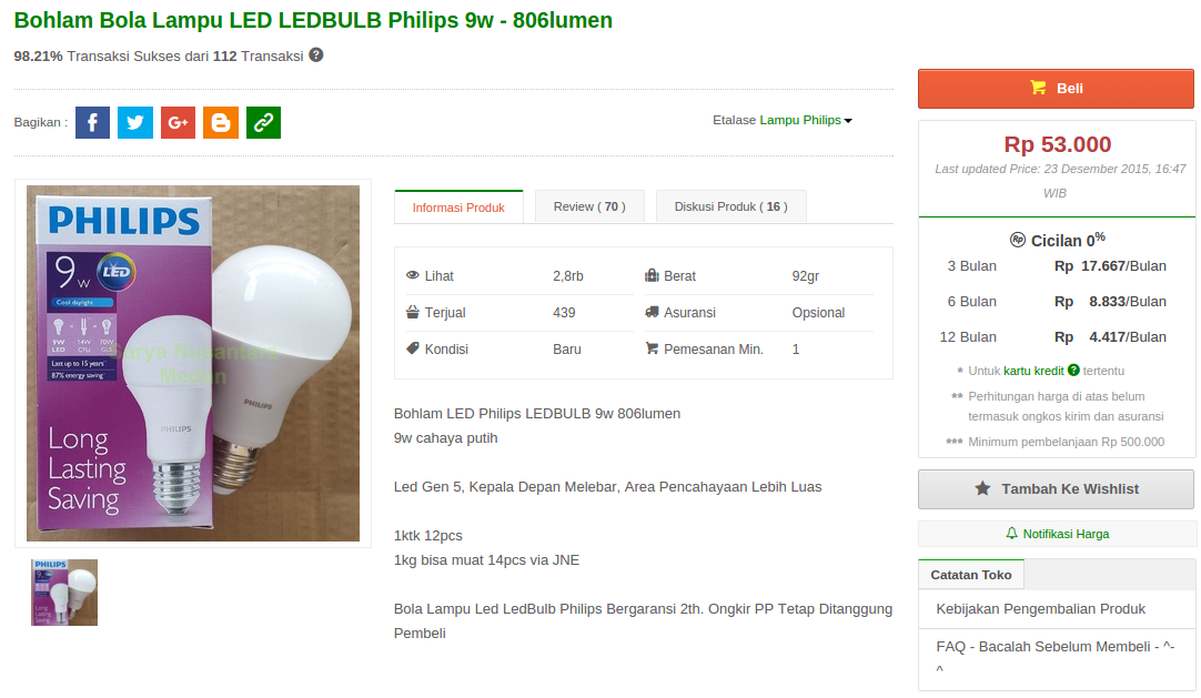 Lampu LED Philips Putih &#91;9 Watt&#93;: Rp. 53.000