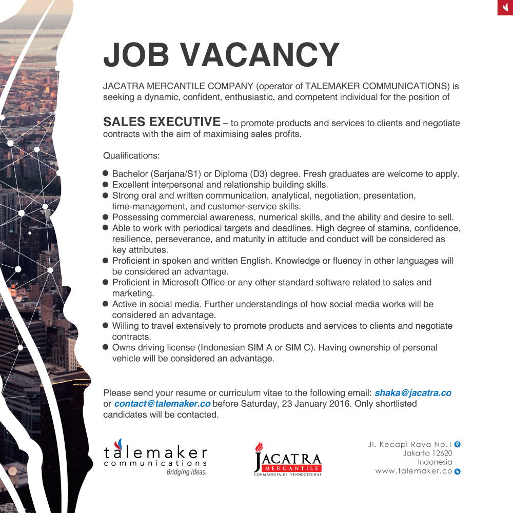 &#91;JAKARTA&#93; Job Vacancy - Sales Executive