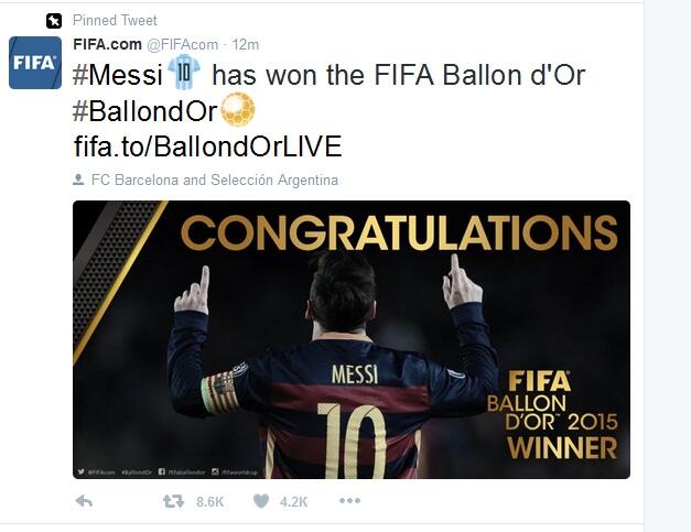 Selamat !!! Messi Sebagai Pemenang Ballon D'Or 2015