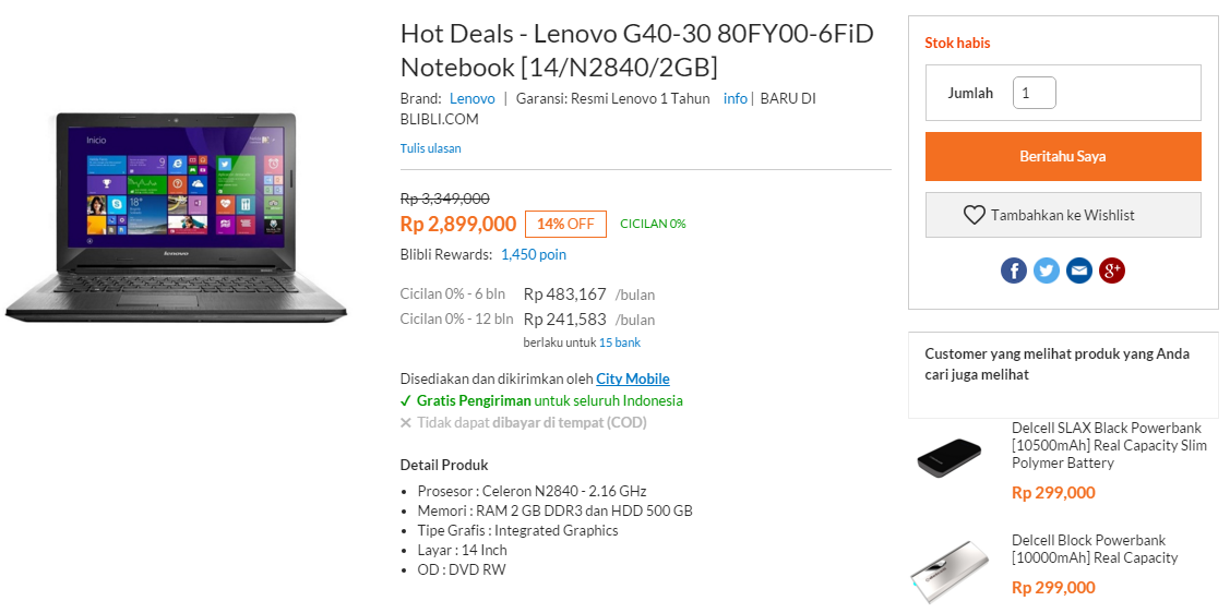 Lenovo G40-30 80FY00-6FiD Notebook: Laptop diskon terbatas