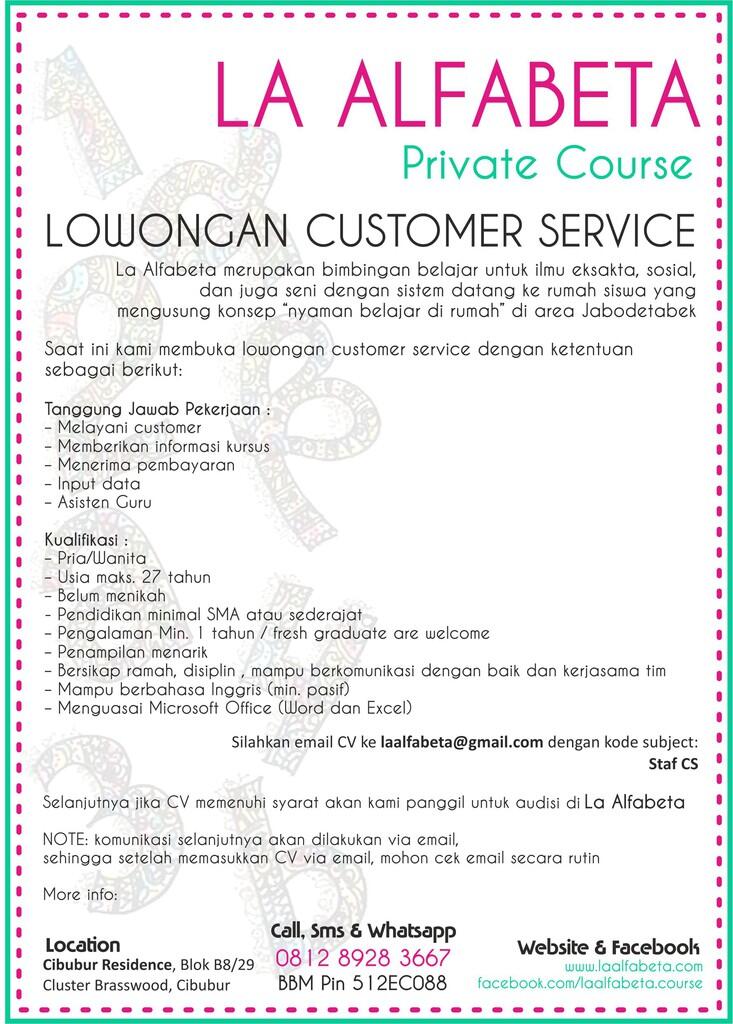 Lowongan Staf Customer Service Bimbingan Belajar La Alfabeta, di Cibubur