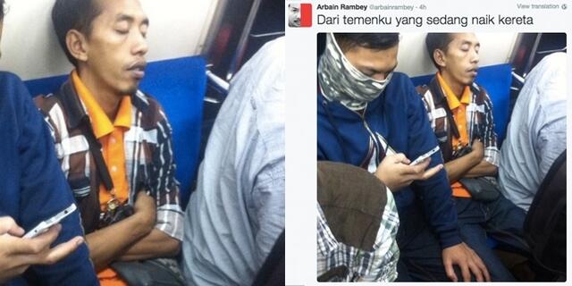 Pria Mirip Pak Jokowi Sedang Tidur Lelap di Kereta