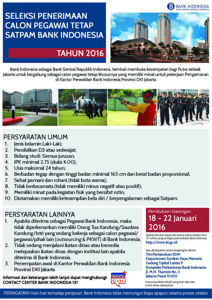 Seleksi Penerimaan Calon Pegawai Tetap SATPAM Bank Indonesia Tahun 2016 &#91;Terbaru&#93;