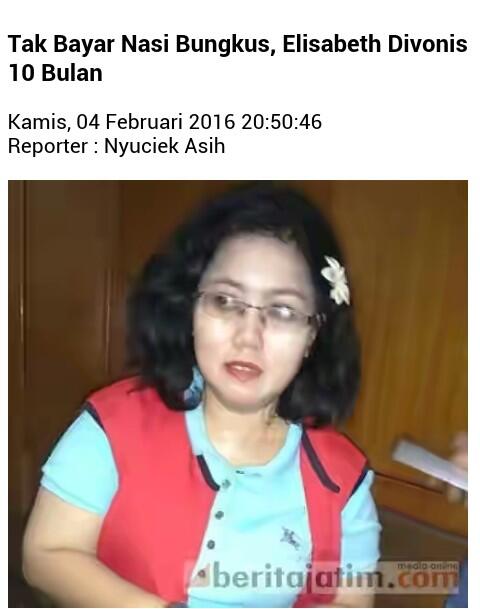 Tak Bayar NasBung, Elisabeth Divonis 10 Bulan