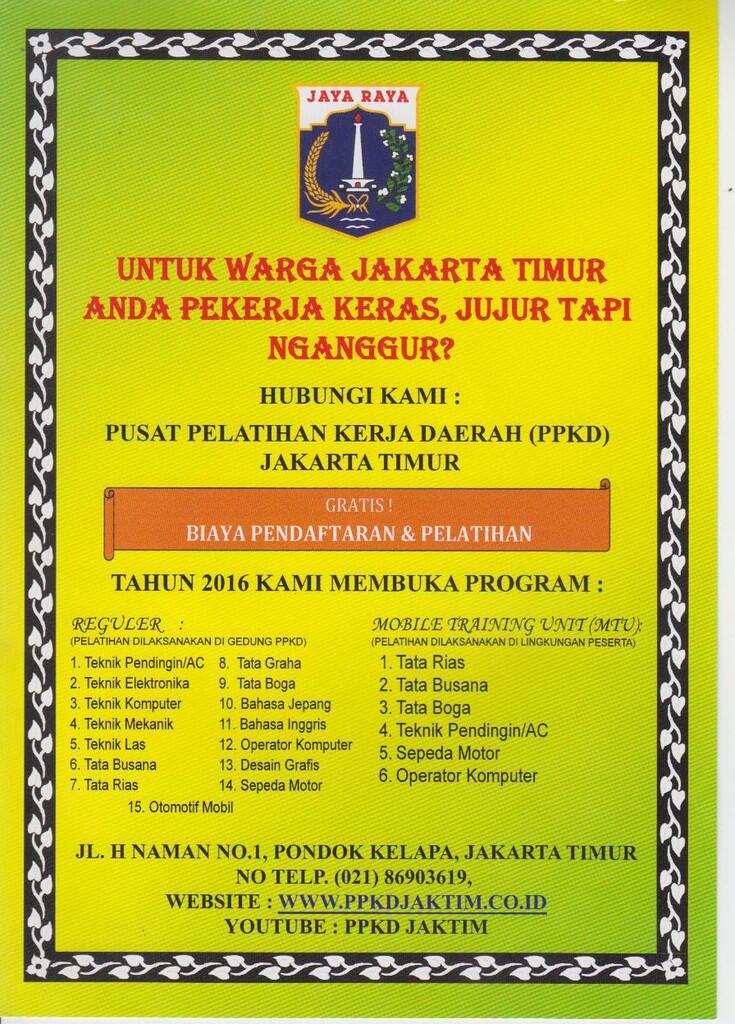 PUSAT PELATIHAN KERJA DAERAH (PPKD) JAKARTA TIMUR (GRATIS)