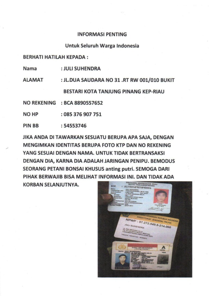 JULI SUHENDRA warning penipu