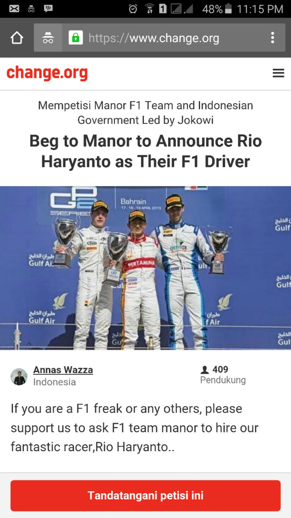 Rio Segera Naik Jet Darat F1 Dukung Langkah Dengan Petisi Ini