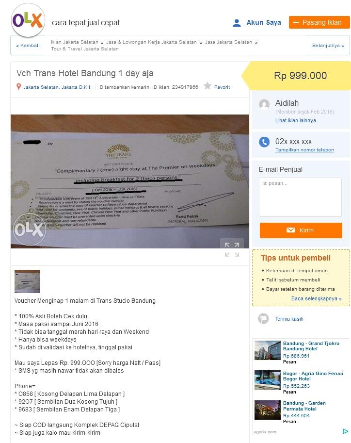Penipu Jualan Voucher hotel di OLX semakin merajalela