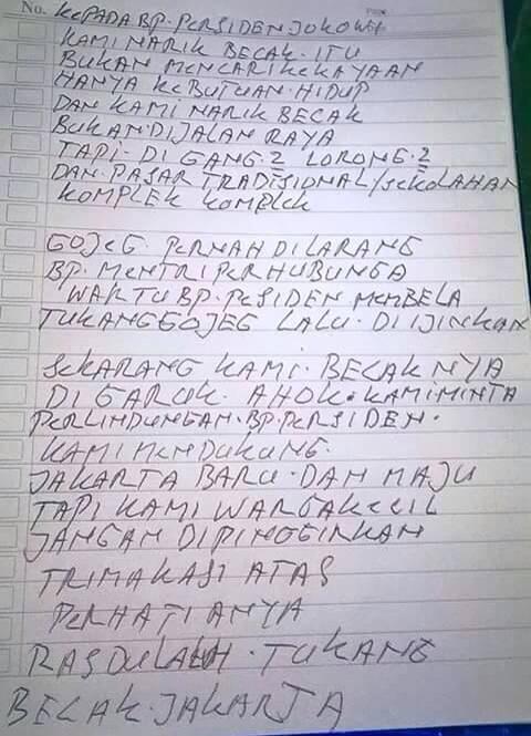 Surat tukang becak untuk tukang becak.