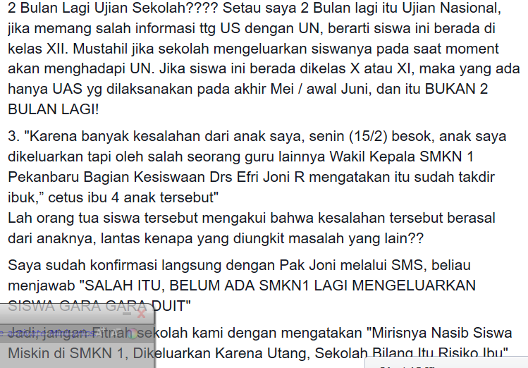 Klarifikasi Berita SMKN 1 Pekanbaru yang Mengeluarkan Siswanya Karena Utang.