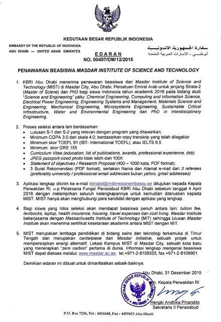 &#91;INFO&#93;Beasiswa Masdar Institute Of Science and Technology