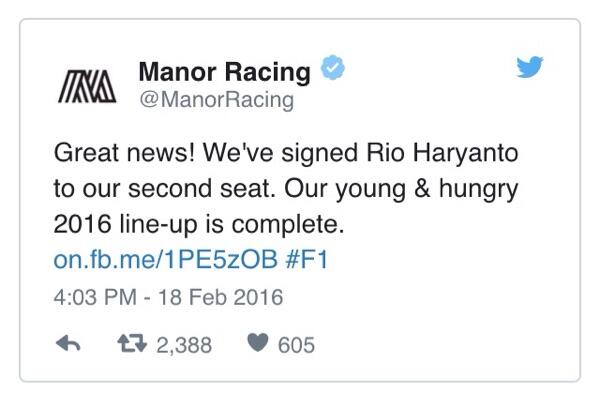 Rio Haryanto akhirnya resmi tampil di F1..!!