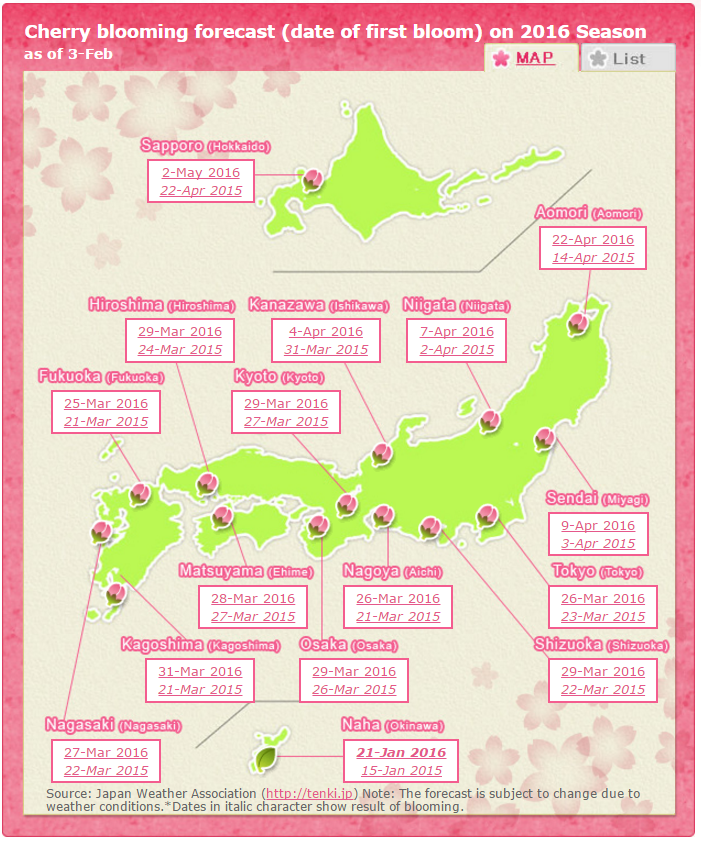 Kalender Perkiraan Bunga Sakura Mekar Tahun 2016 di Jepang