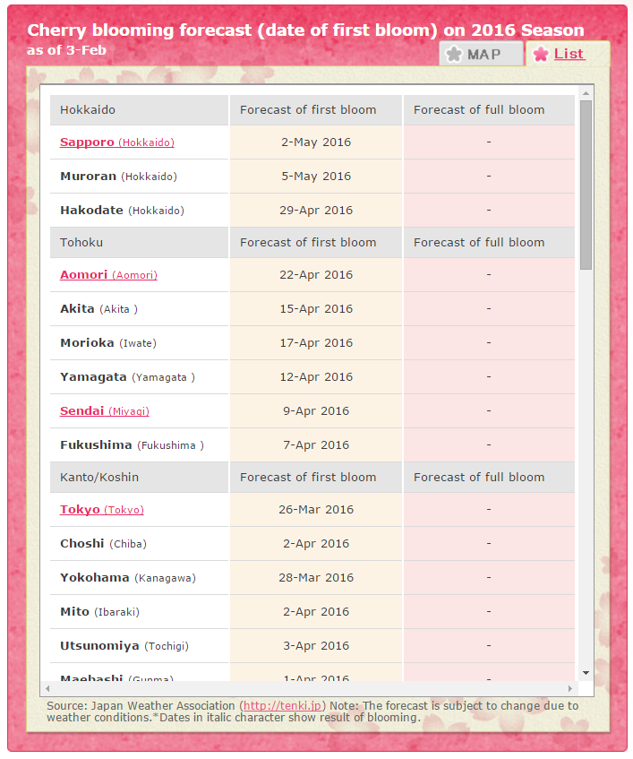 Kalender Perkiraan Bunga Sakura Mekar Tahun 2016 di Jepang