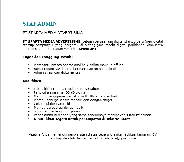 Lowongan kerja Admin PT SPARTA MEDIA ADVERTISING