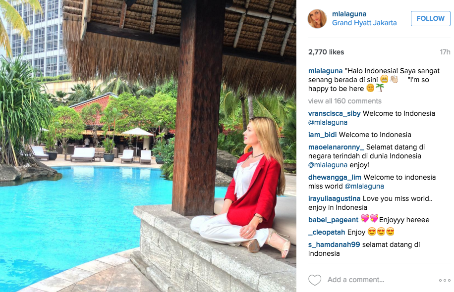 Miss World 2015 Mireia Lalaguna Royo Tiba di Indonesia