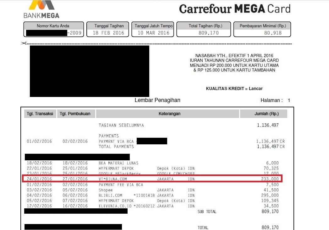 Hati-hati Belanja di Bilna.com Menggunakan Kartu Kredit