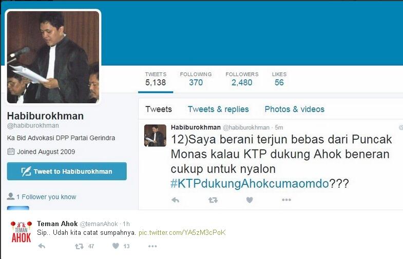 Ragukan 700 Ribu KTP Buat Ahok, Ketua Gerindra: Saya Berani Terjun dari Monas