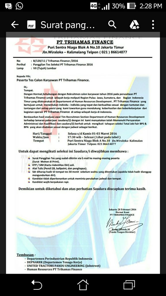 Panggilan tes kerja TRIHAMAS FINANCE, ini serius gak ya Gan, ane takut penipuan