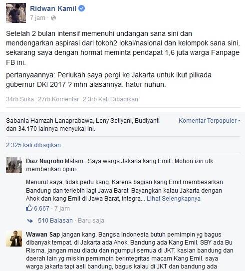 Ridwan Kamil Minta Pendapat Warga Facebook, Perlukah Dia Ikut Pilgub DKI?
