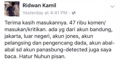 Ucapan Terima Kasih `Kocak` Ridwan Kamil untuk Netizen