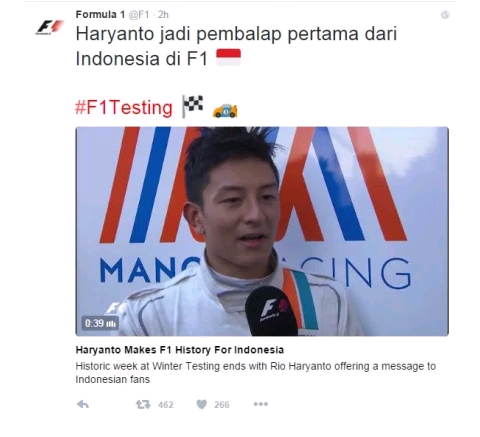 Gara-gara Rio Haryanto, Akun Medsos Formula 1 Gunakan Bahasa Indonesia