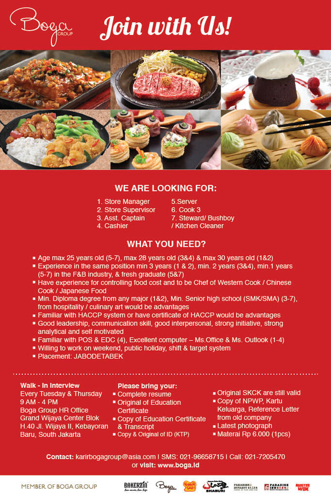 Lowongan Kerja di Boga Group (Bakerzin, Pepper Lunch, Shaburi)