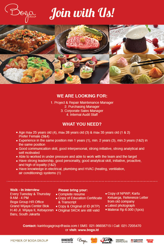 Lowongan Kerja di Boga Group (Bakerzin, Pepper Lunch, Shaburi)