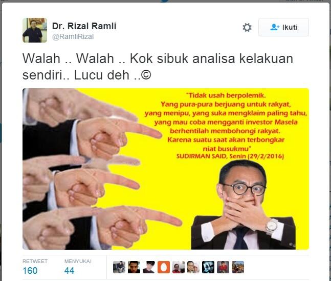 Rizal Ramli Sindir Sudirman Said dengan Meme di Twitter