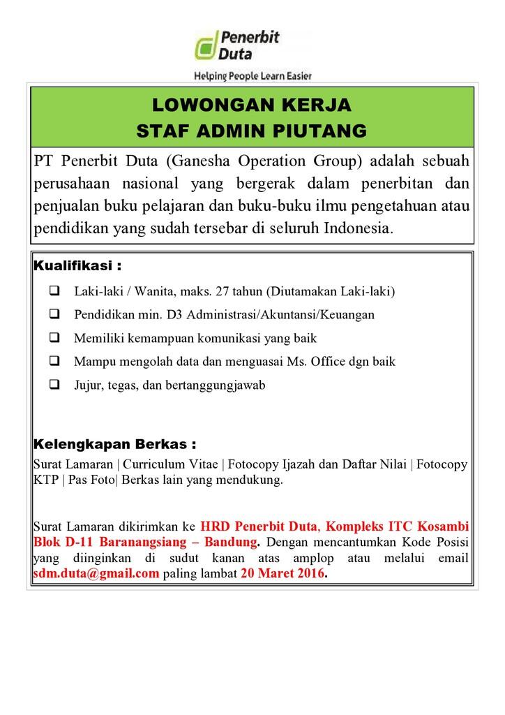 BANDUNG | PT PENERBIT DUTA (GO GROUP) MEMBUTUHKAN AKUNTING DAN ADMIN PIUTANG