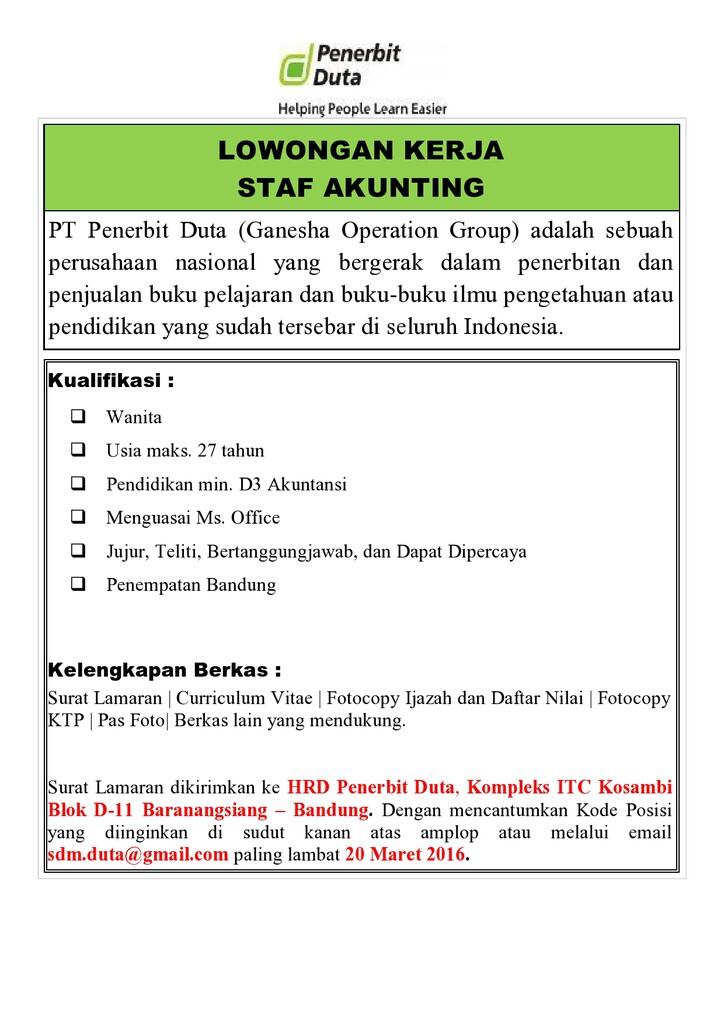 BANDUNG | PT PENERBIT DUTA (GO GROUP) MEMBUTUHKAN AKUNTING DAN ADMIN PIUTANG