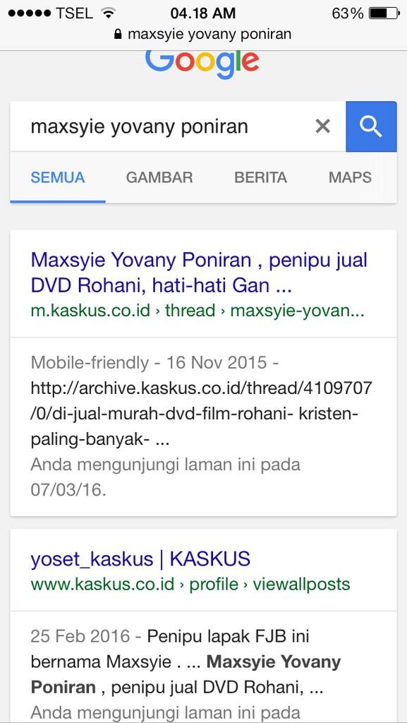 Penipu (Pemain Lama) : Lapak Jual DVD , Atas Nama : Maxsyie Yovany Poniran