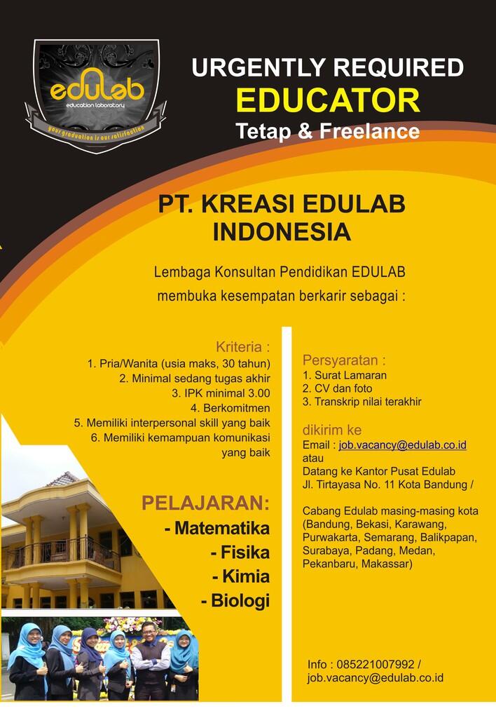 Lowongan Pekerjaan Sebagai Educator (pengajar tetap)/Freelance