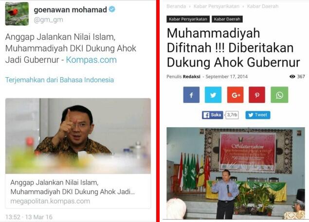 Demi Dukung Ahok, Goenawan Sebarkan Berita Usang dan "Pelintiran" Muhammadiyah