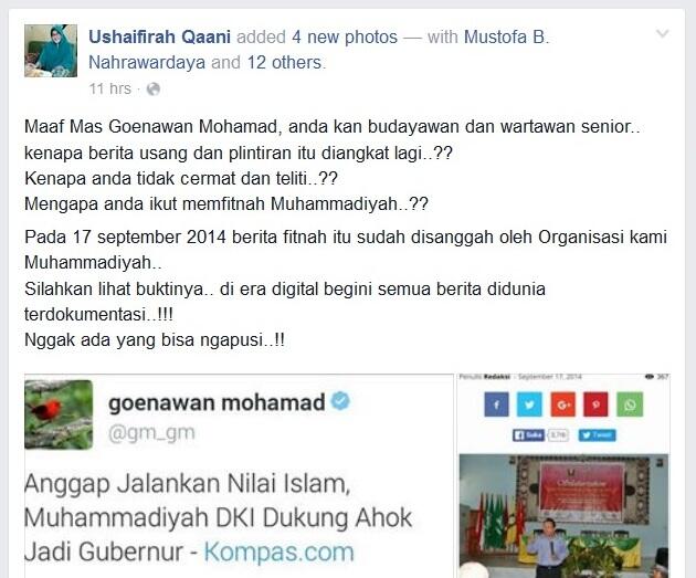 Demi Dukung Ahok, Goenawan Sebarkan Berita Usang dan "Pelintiran" Muhammadiyah