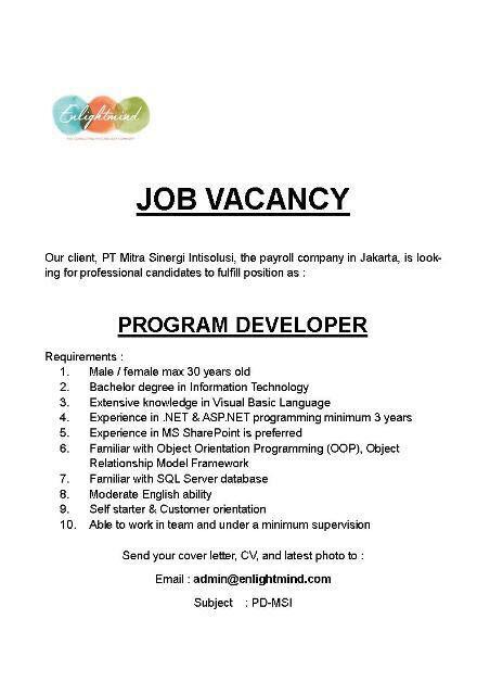 JOB VACANCY - Program Developer