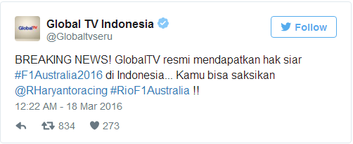 TV Swasta Akhirnya Siarkan Formula 1, Aksi Rio Bisa Ditonton