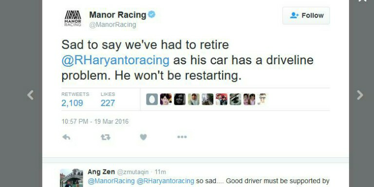 Rio Haryanto bertahan hanya 19 lap