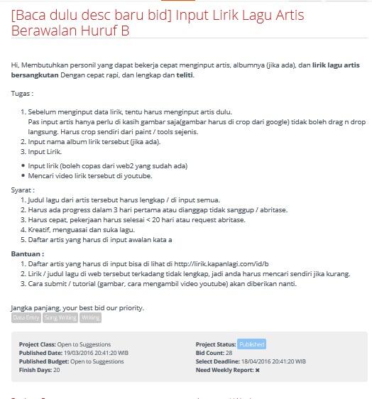 [LOWONGAN FREELANCER] Input Lirik Lagu Artis Berawalan Huruf B