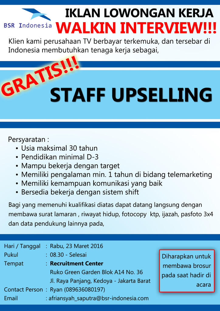 [Jakarta] Lowongan Staff Upselling PT. BSR Indonesia